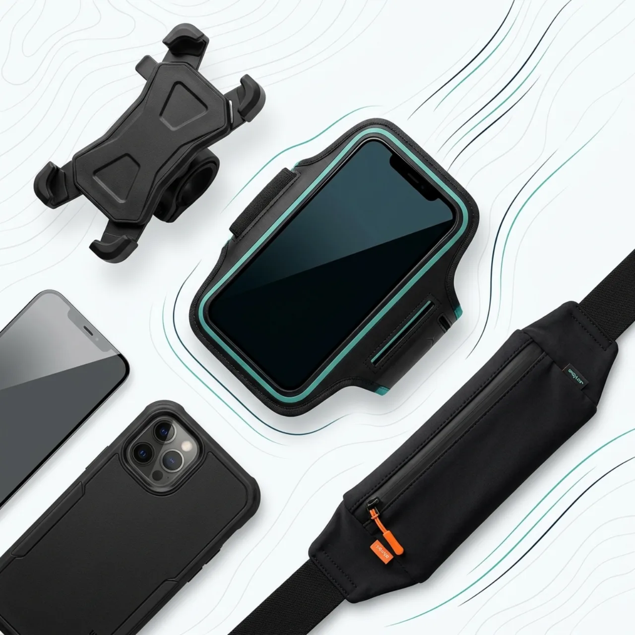 Akcesoria GSM JoVibe dla osób aktywnych — etui ochronne, opaska sportowa na ramię, pas biodrowy do biegania i uchwyt rowerowy na telefon
